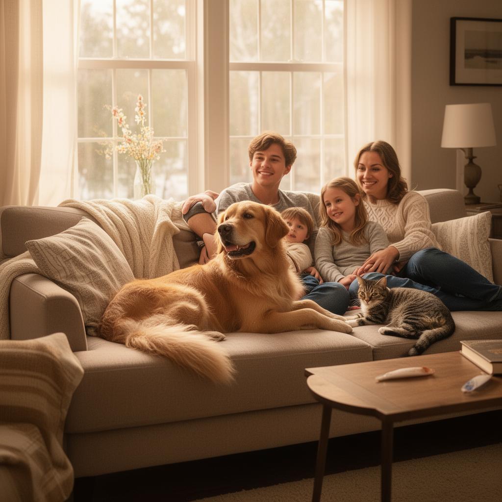 Familia disfrutando en casa con su perro y gato